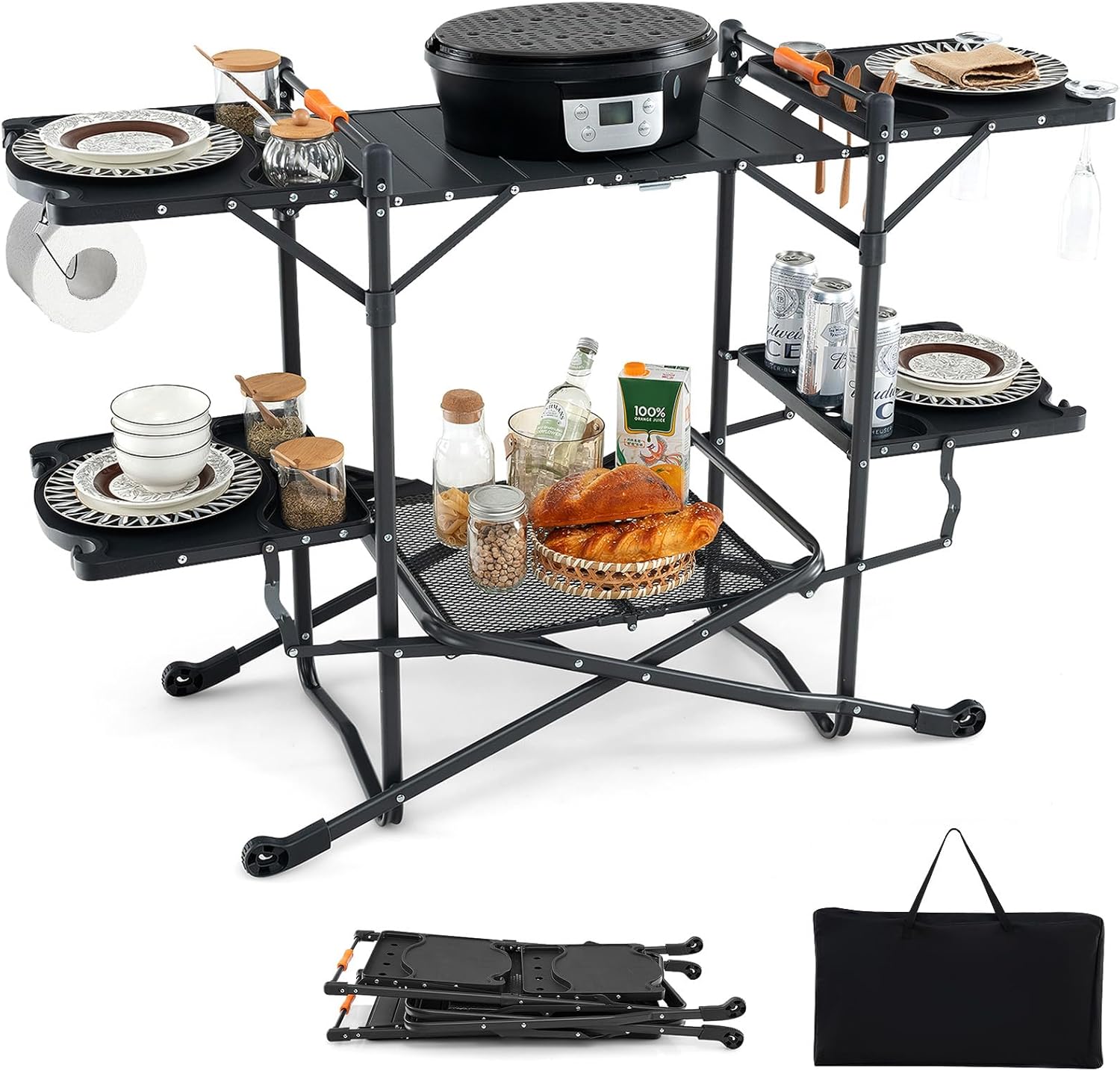 Camping Cooking Top - Tragbarer Camping-Kochtisch mit Aluminiumplatte, 4 Beistelltischen,