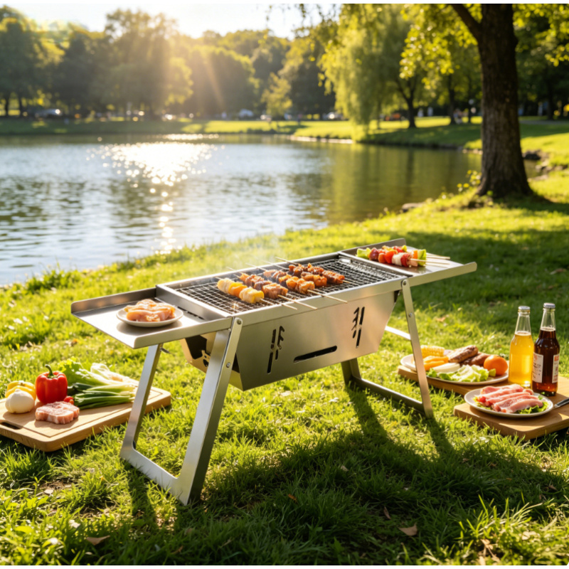 Camping Cooking Set Compact - Tragbarer Edelstahl-Grill für Draußen, Faltbarer Holzkohle-Ofen,