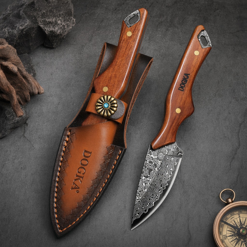 Camping Cooking Knife With Sheath - Damaszener Stahl Küchenmesser mit Massivholzgriff und