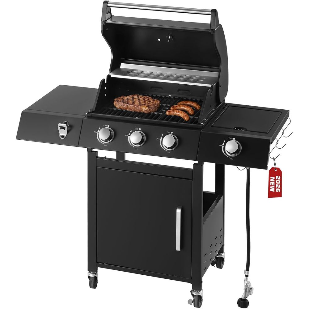 Camping Cooking Top - 3-Flammen-Propan-Gasgrill mit Seitenbrenner | Deckelabdeckung, Outdoor-Kochen,